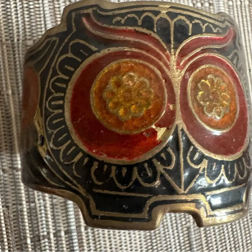 Vintage Brass Owl Cuff Bracelet Enamel India  * flaws 60s 70s 80s